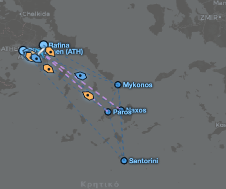 Animation der Fährrouten zwischen den Kykladen-Inseln – Athen, Mykonos, Paros, Naxos, Santorini